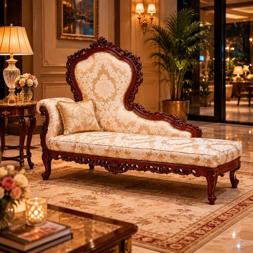Luxury Baroque Chaise Longue Sofa in Hand-Carved Wooden Frame with Walnut & Ivory Finish Variation Lifestyle View by Luxury Group International