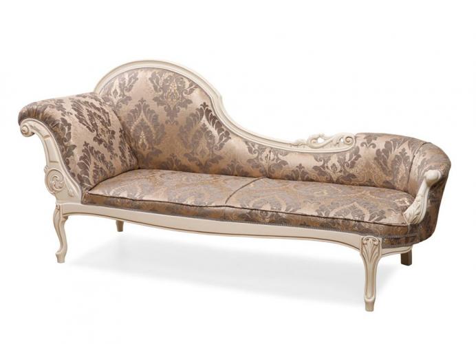 Luxury Baroque Chaise Longue Sofa with Damask Pattern Upholstery in Hand-Carved Wooden Frame Front View by Luxury Group International