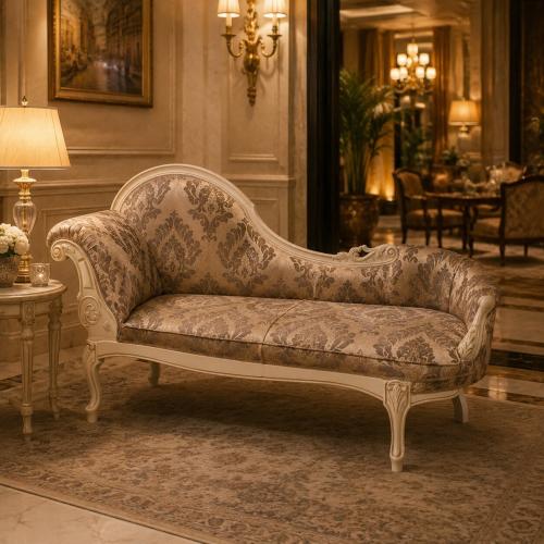Luxury Baroque Chaise Longue Sofa with Damask Pattern Upholstery in Hand-Carved Wooden Frame Lifestyle View by Luxury Group International