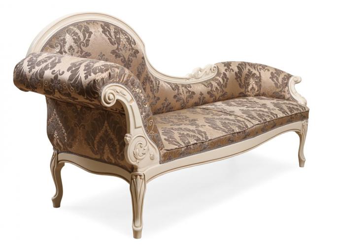 Luxury Baroque Chaise Longue Sofa with Damask Pattern Upholstery in Hand-Carved Wooden Frame Side View by Luxury Group International