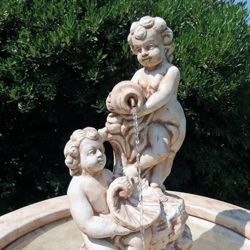 Luxury Baroque Cherub Duo Water Fountain with Sculpted Basin & Flowing Shell Cascade - Baroque Fountain Detail View by Luxury Group International