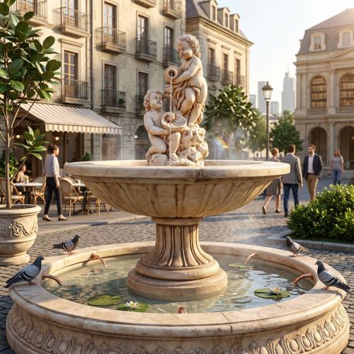 Luxury Baroque Cherub Duo Water Fountain with Sculpted Basin & Flowing Shell Cascade - Baroque Fountain Lifestyle View by Luxury Group International