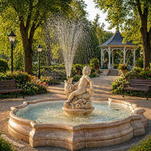 Luxury Baroque Cherub Sculpture Water Fountain with Multi-Curve Reservoir - Baroque Fountain Lifestyle View by Luxury Group International