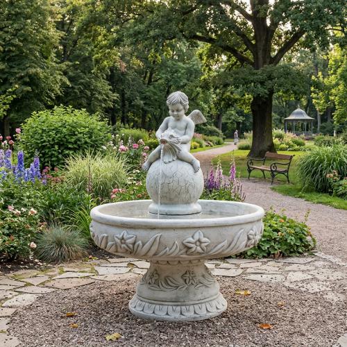 Luxus Barock Cherub Kugel Wasserbrunnen mit Skulptiertem Becken & Sockelbasis – Barockbrunnen Lifestyle-Ansicht von Luxury Group International