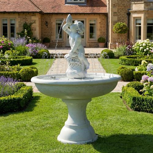 Luxury Baroque Cherub Water Fountain with Circular Basin & Radiating Water Jets - Baroque Fountain Lifestyle View by Luxury Group International