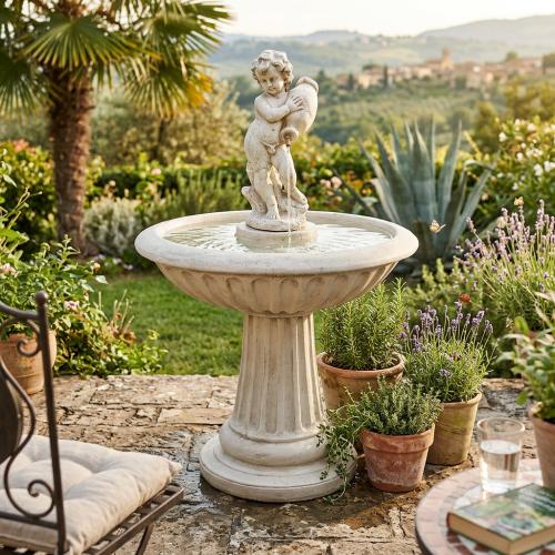 Luxury Baroque Cherub Water Fountain with Sculpted Basin & Fluted Pedestal - Baroque Fountain Lifestyle View by Luxury Group International