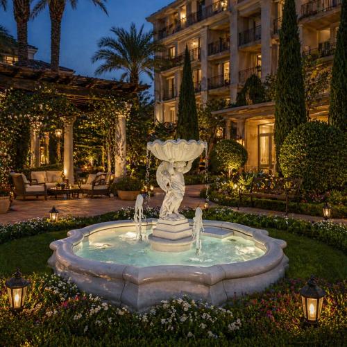 Fontaine d'eau baroque de luxe avec chérubin et vasque supérieure sculptée dans un bassin incurvé - Fontaine baroque Vue lifestyle par Luxury Group International
