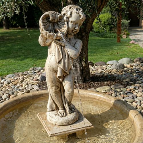 Luxury Baroque Cherub Water Fountain with Shell Vessel & Circular Basin Pedestal - Baroque Fountain Detail View by Luxury Group International