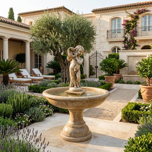 Luxury Baroque Cherub Water Fountain with Shell Vessel & Circular Basin Pedestal - Baroque Fountain Lifestyle View by Luxury Group International