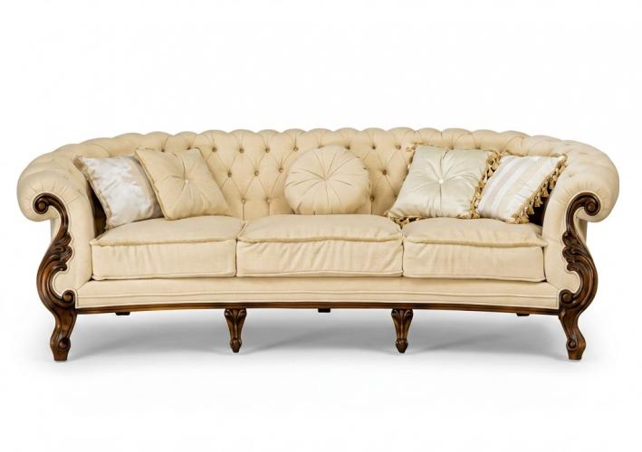Luxury Baroque Chesterfield 3-Seater Sofa with Tufted Upholstery - Beige & Blush Pink Variations Front View by Luxury Group International