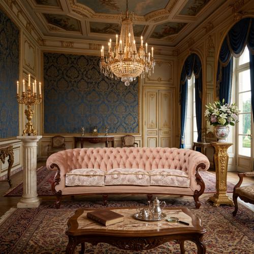 Luxury Baroque Chesterfield 3-Seater Sofa with Tufted Upholstery - Beige & Blush Pink Variations Lifestyle View by Luxury Group International