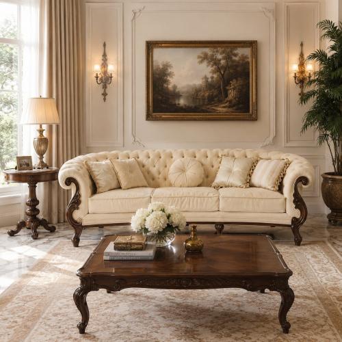 Luxury Baroque Chesterfield 3-Seater Sofa with Tufted Upholstery - Beige & Blush Pink Variations Lifestyle View by Luxury Group International