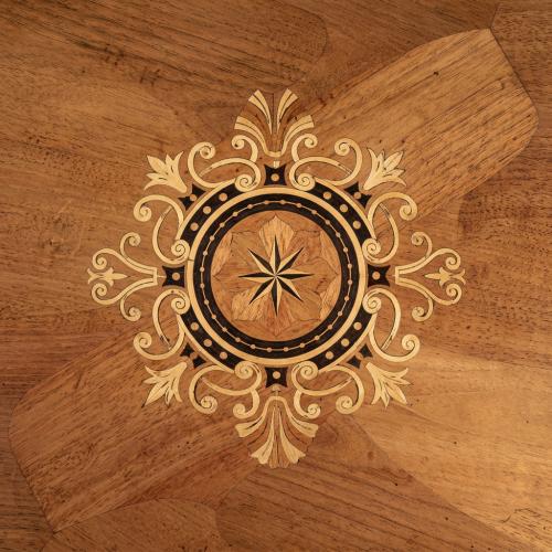 Luxury Baroque Coffee Table with Hand-Inlaid Marquetry Top in Carved Walnut Frame Detail View by Luxury Group International
