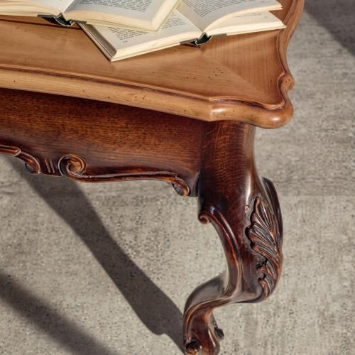 Luxury Baroque Coffee Table with Hand-Inlaid Marquetry Top in Carved Walnut Frame Detail View by Luxury Group International