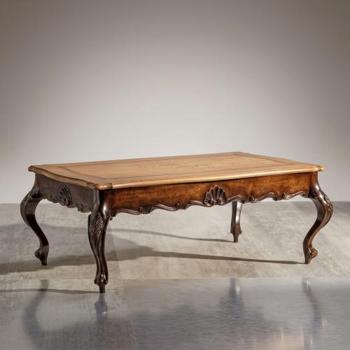 Luxury Baroque Coffee Table with Hand-Inlaid Marquetry Top in Carved Walnut Frame Front View by Luxury Group International