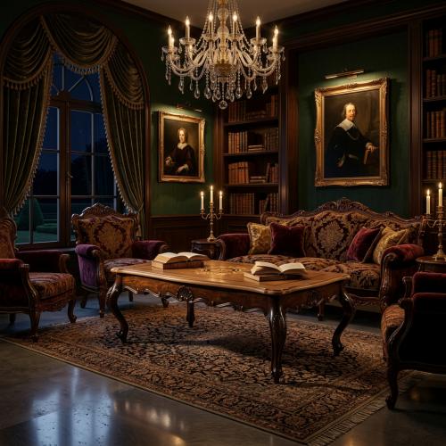 Luxury Baroque Coffee Table with Hand-Inlaid Marquetry Top in Carved Walnut Frame Lifestyle View by Luxury Group International