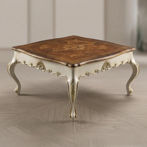 Luxury Baroque Coffee Table with Hand-Inlaid Walnut Top & Gold Accent in Ivory Carved Frame Front View by Luxury Group International