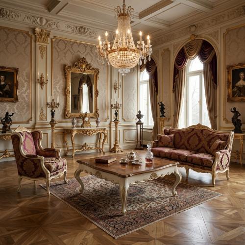 Luxury Baroque Coffee Table with Hand-Inlaid Walnut Top & Gold Accent in Ivory Carved Frame Lifestyle View by Luxury Group International