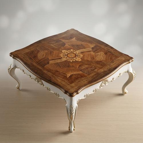 Luxury Baroque Coffee Table with Hand-Inlaid Walnut Top & Gold Accent in Ivory Carved Frame Top View by Luxury Group International