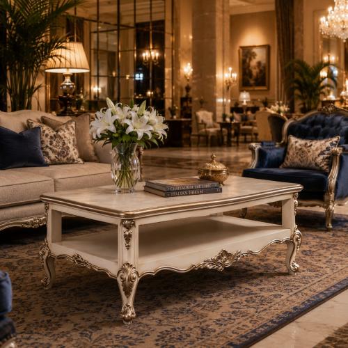 Luxus Barock-Couchtisch mit Skulptierten Goldakzenten & Offenem Ablagefach Lifestyle-Ansicht von Luxury Group International