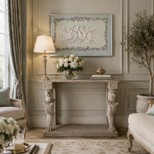 Console Baroque de Luxe avec Pieds Sculptés en Forme de Lion et Finition Antique par Luxury Group International