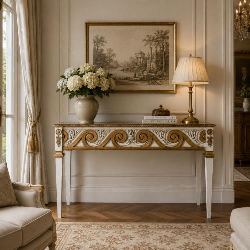 Console Baroque de Luxe avec Sculptures en Volutes et Détails Dorés par Luxury Group International