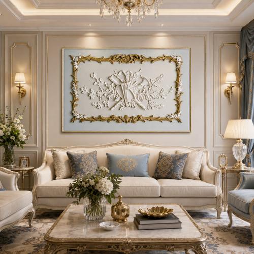 Luxuriöses barockes dekoratives Wandpaneel mit musikalischem Reliefmotiv & goldenen Akzenten von Luxury Group International