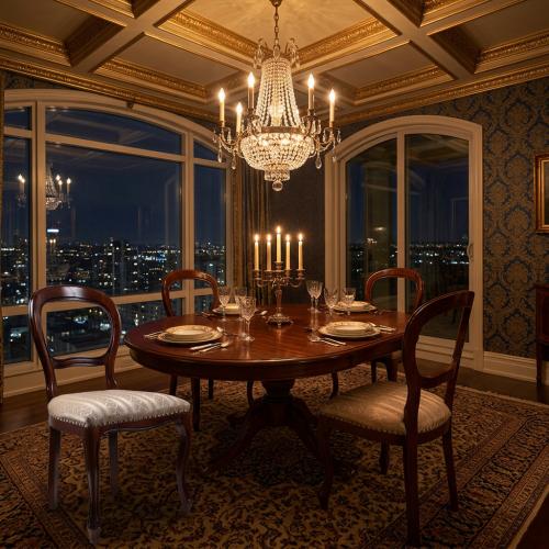 Chaise de Salle à Manger Baroque de Luxe en Finition Noyer avec Dossier Ovale Ouvert Vue lifestyle par Luxury Group International