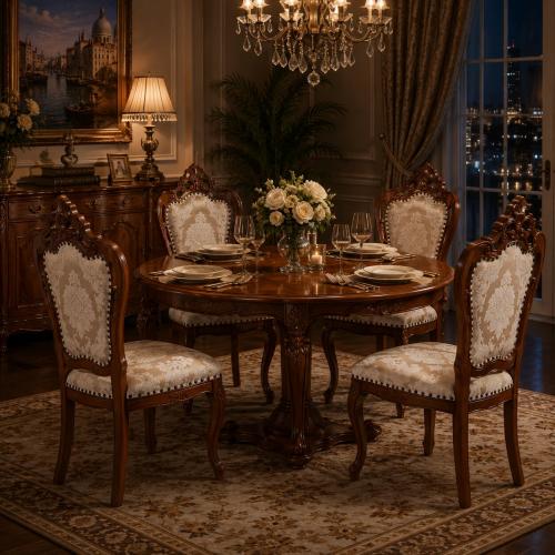 Luxury Baroque Dining Chair with Ornate Crest Backrest in Silver/Red & Walnut/Beige Variations Lifestyle View by Luxury Group International
