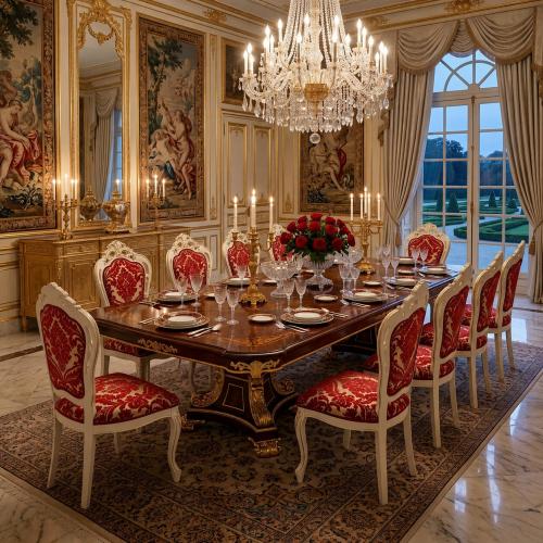 Luxury Baroque Dining Chair with Ornate Crest Backrest in Silver/Red & Walnut/Beige Variations Lifestyle View by Luxury Group International
