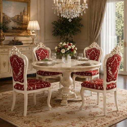 Luxury Baroque Dining Chair with Ornate Crest Backrest in Silver/Red & Walnut/Beige Variations Lifestyle View by Luxury Group International