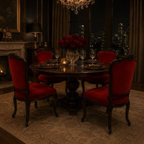 Luxury Baroque Dining Chair with Red Velvet Upholstery in Black Wood Frame - Dining Room Furniture Lifestyle View by Luxury Group International