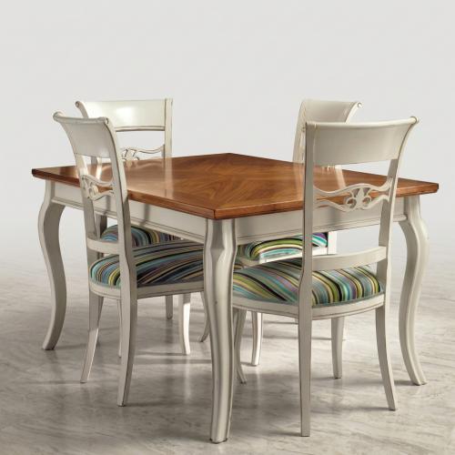 Luxury Baroque Dining Room Set Silver/Walnut/Multi-Stripe - 1 Dining Table & 4 Chairs - Baroque Dining Room Set Front View by Luxury Group International