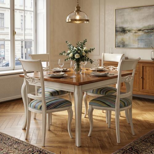 Luxury Baroque Dining Room Set Silver/Walnut/Multi-Stripe - 1 Dining Table & 4 Chairs - Baroque Dining Room Set Lifestyle View by Luxury Group International