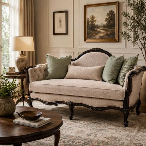 Divano Barocco di Lusso a Due Posti con Braccioli Trapuntati e Struttura in Legno Intagliato - Mobili per Soggiorno Vista lifestyle di Luxury Group International