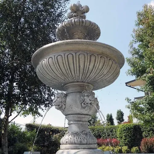 Luxury Baroque Double Tier Water Fountain with Lion Spout Details & Circular Reservoir - Baroque Fountain Detail View by Luxury Group International