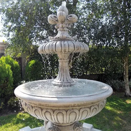 Luxury Baroque Double Tier Water Fountain with Lion Spout Details & Circular Reservoir - Baroque Fountain Detail View by Luxury Group International