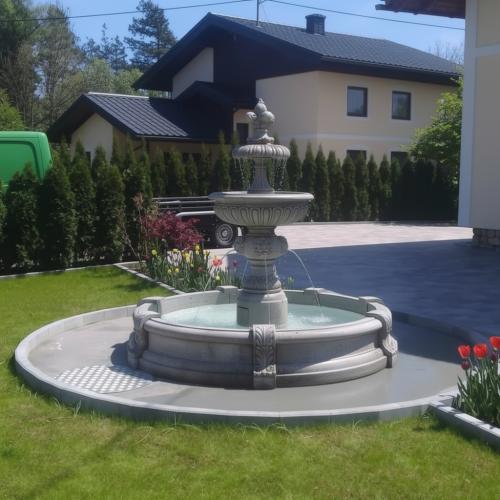Luxury Baroque Double Tier Water Fountain with Lion Spout Details & Circular Reservoir - Baroque Fountain Lifestyle View by Luxury Group International