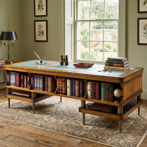 Escritorio Ejecutivo de Biblioteca Barroco de Lujo con Incrustación de Cuero y Estantería Abierta Vista lifestyle por Luxury Group International