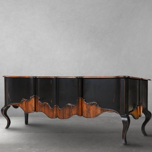 Luxury Baroque Executive Office Desk in Black Lacquered Finish with Hand-Carved Walnut Detailing Front View by Luxury Group International