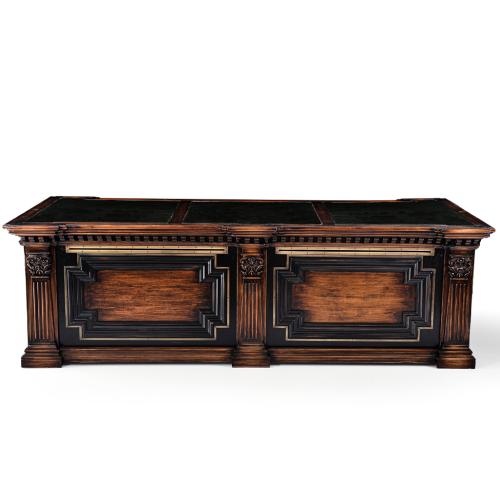 Luxury Baroque Executive Office Desk with Brass Trim Detailing in Dark Walnut Finish Back View by Luxury Group International