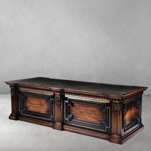 Luxury Baroque Executive Office Desk with Brass Trim Detailing in Dark Walnut Finish Back View by Luxury Group International