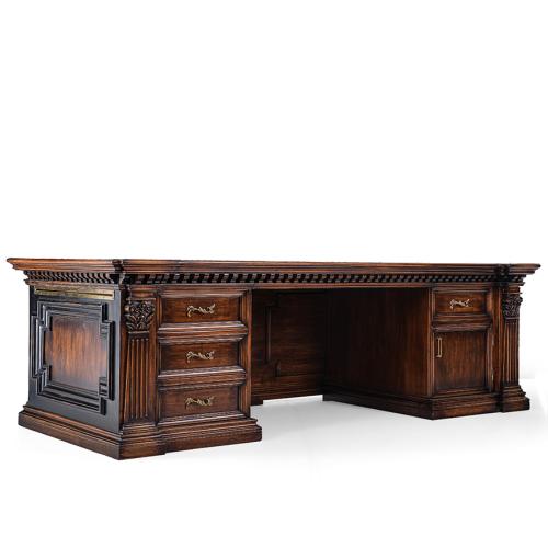 Luxury Baroque Executive Office Desk with Brass Trim Detailing in Dark Walnut Finish Front View by Luxury Group International