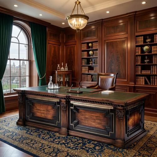 Luxury Baroque Executive Office Desk with Brass Trim Detailing in Dark Walnut Finish Lifestyle View by Luxury Group International
