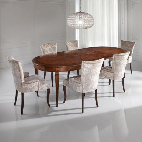 Luxury Baroque Extendable Dining Room Set - 1 Oval Wooden Table & 6 Floral Upholstered Armchairs Front View by Luxury Group International