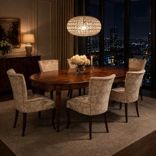 Luxury Baroque Extendable Dining Room Set - 1 Oval Wooden Table & 6 Floral Upholstered Armchairs Lifestyle View by Luxury Group International
