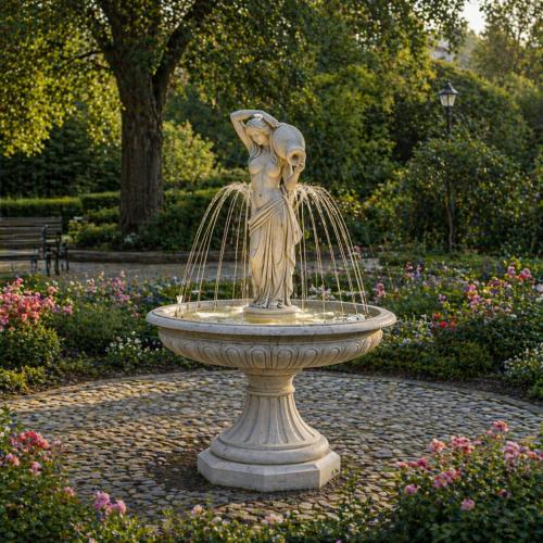 Luxury Baroque Female Sculpture Water Fountain with Amphora Flow Feature - Baroque Fountain Lifestyle View by Luxury Group International