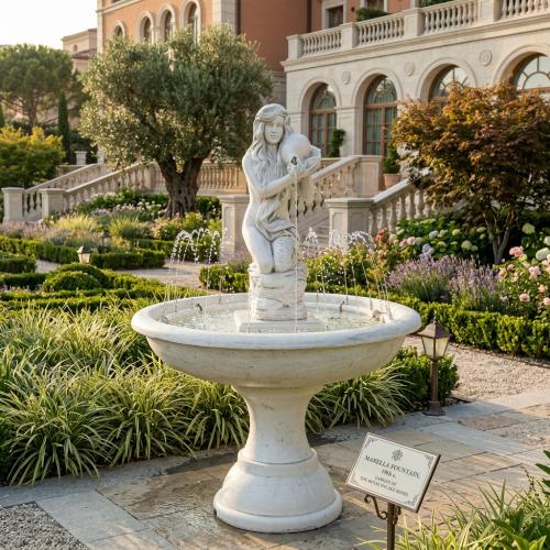 Luxury Baroque Female Sculpture Water Fountain with Cascading Basin Design - Baroque Fountain Lifestyle View by Luxury Group International