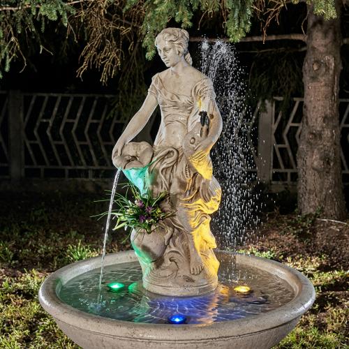Luxury Baroque Female Sculpture Water Fountain with Dual Vessel Flow & Illuminated Basin - Baroque Fountain Lifestyle View by Luxury Group International