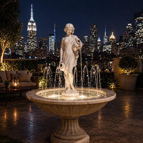 Luxury Baroque Garden Water Fountain with Female Statue & Flowing Vessel Streams - Baroque Fountain Lifestyle View by Luxury Group International